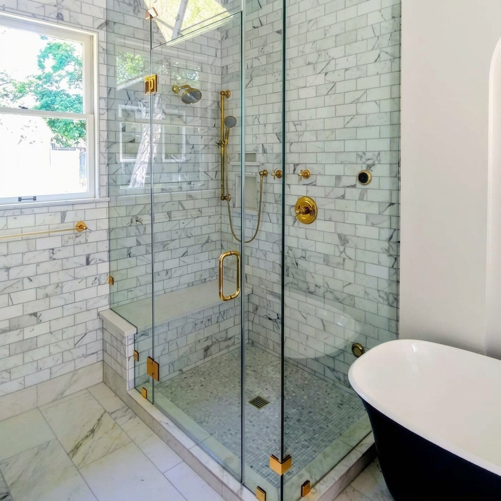 Frameless corner shower enclosure with brass hardware and a marble tile bench in Austin