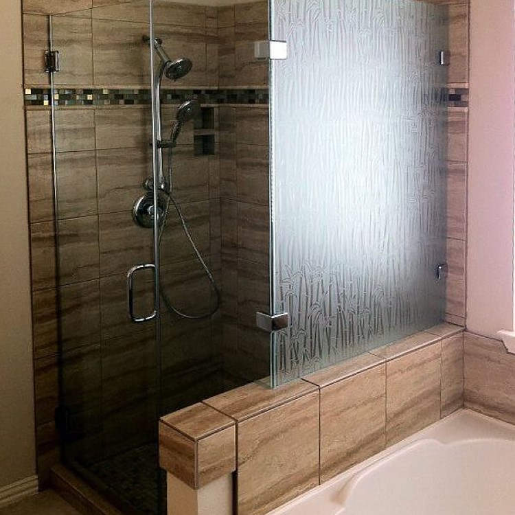Frameless shower door made with bamboo-pattern specialty glass