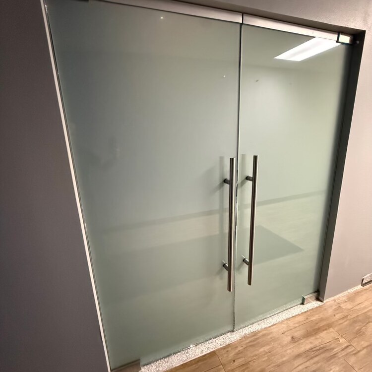 Frosted Glass Double Doors Frosted glass double doors with full length brushed pulls in an interior opening