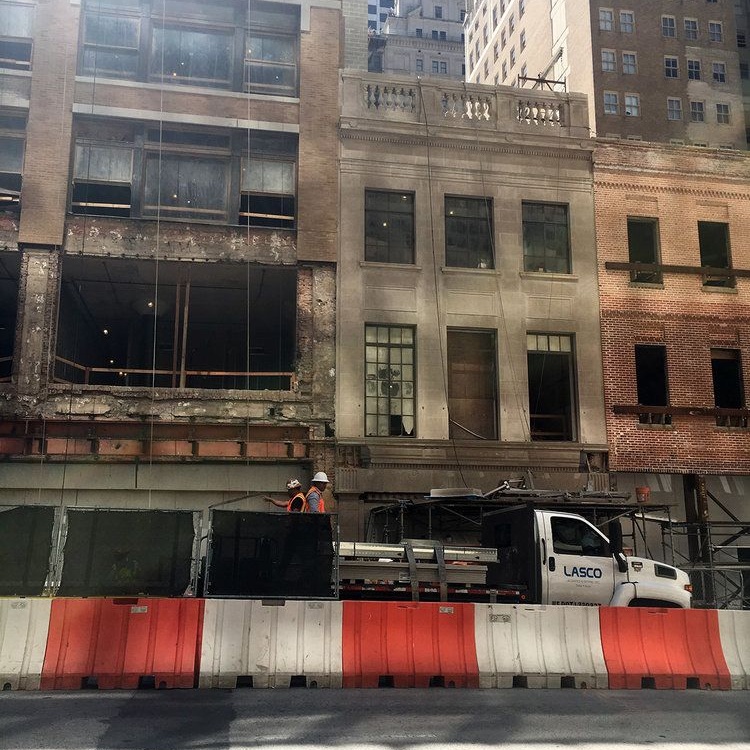 Historic facades braced during a multi-unit renovation project