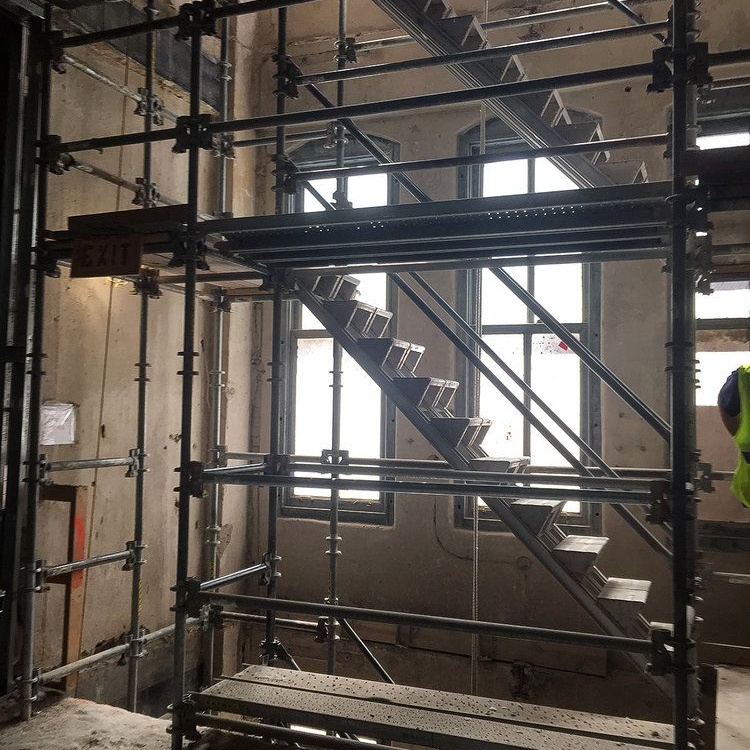 Interior shoring and scaffolding supporting a historic building structure