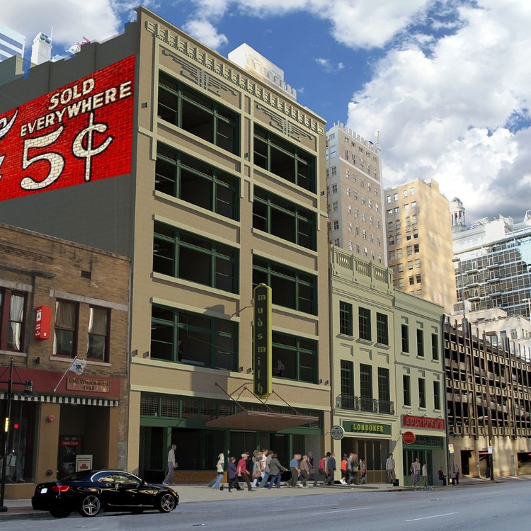 Rendering of a restored historic street frontage after renovation into living spaces