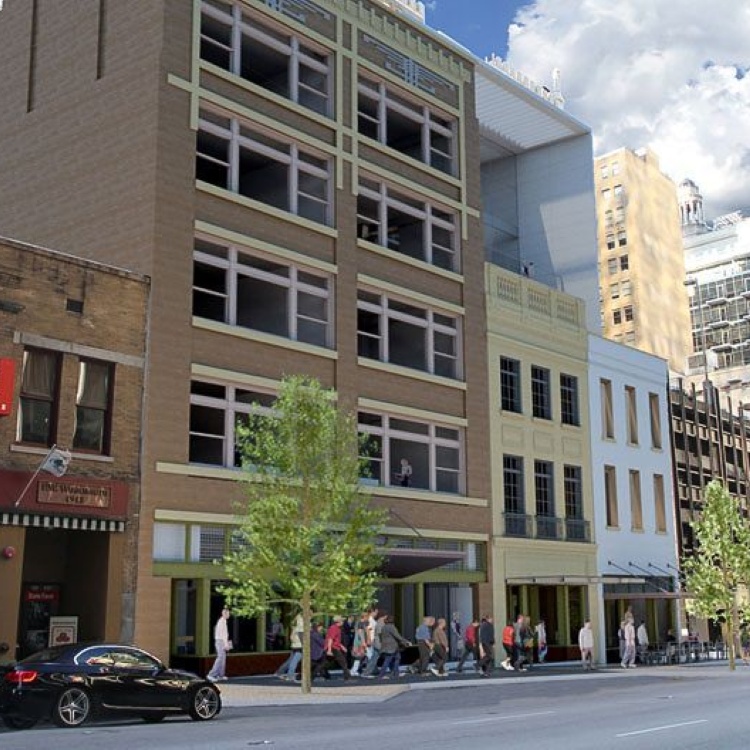 Rendering of restored historic facades after renovation into living spaces