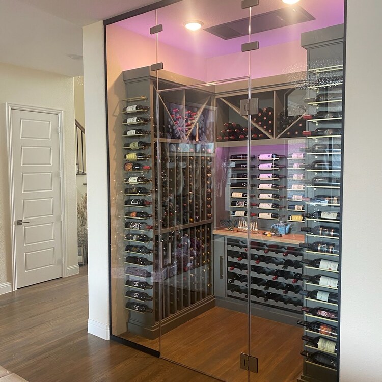 LED Lit Glass Wine Room Glass fronted wine room with LED lit racking behind clear glass