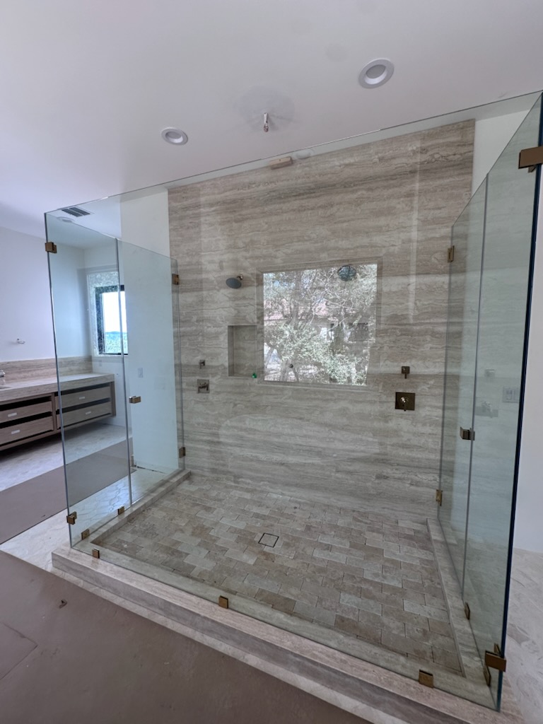 Second view of the 5-piece double 90-degree custom shower glass enclosure in Austin, TX