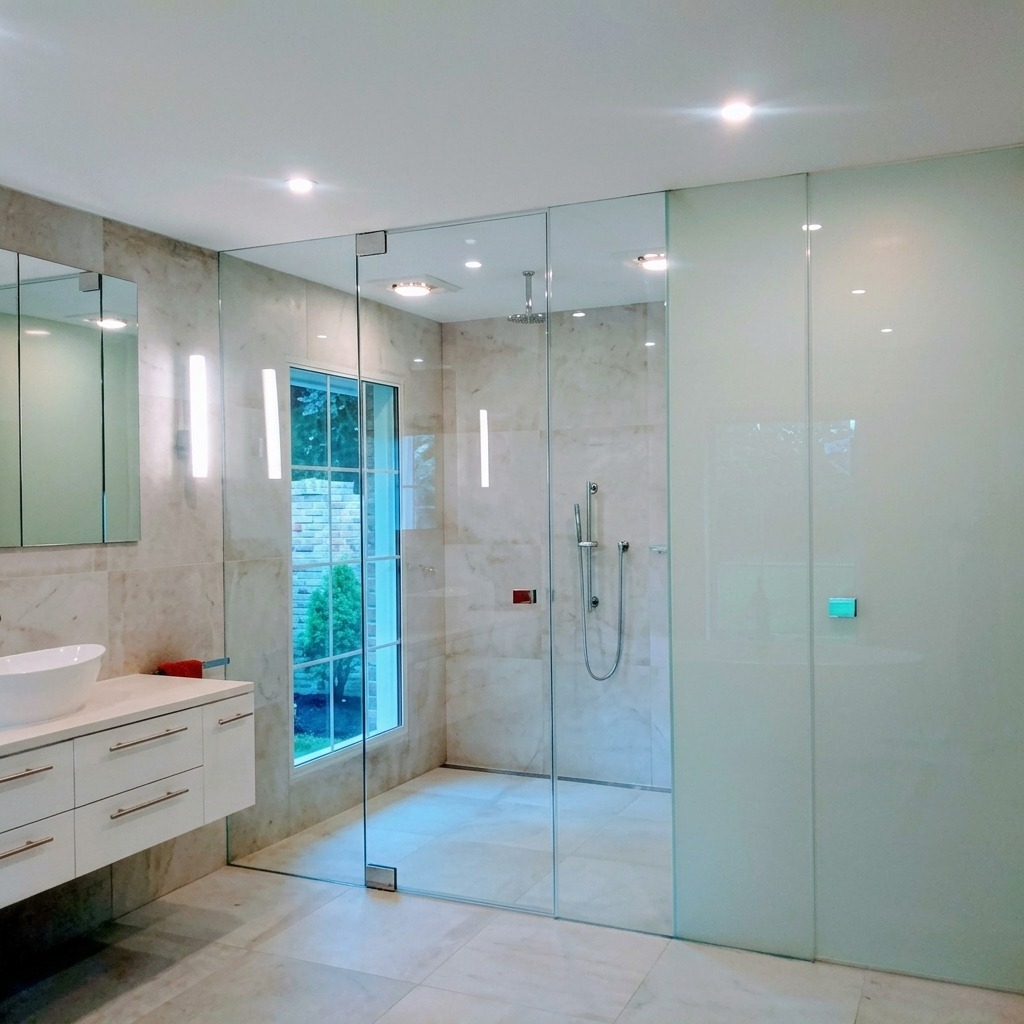 Architectural glass shower enclosure with clean reveals in an Austin residence