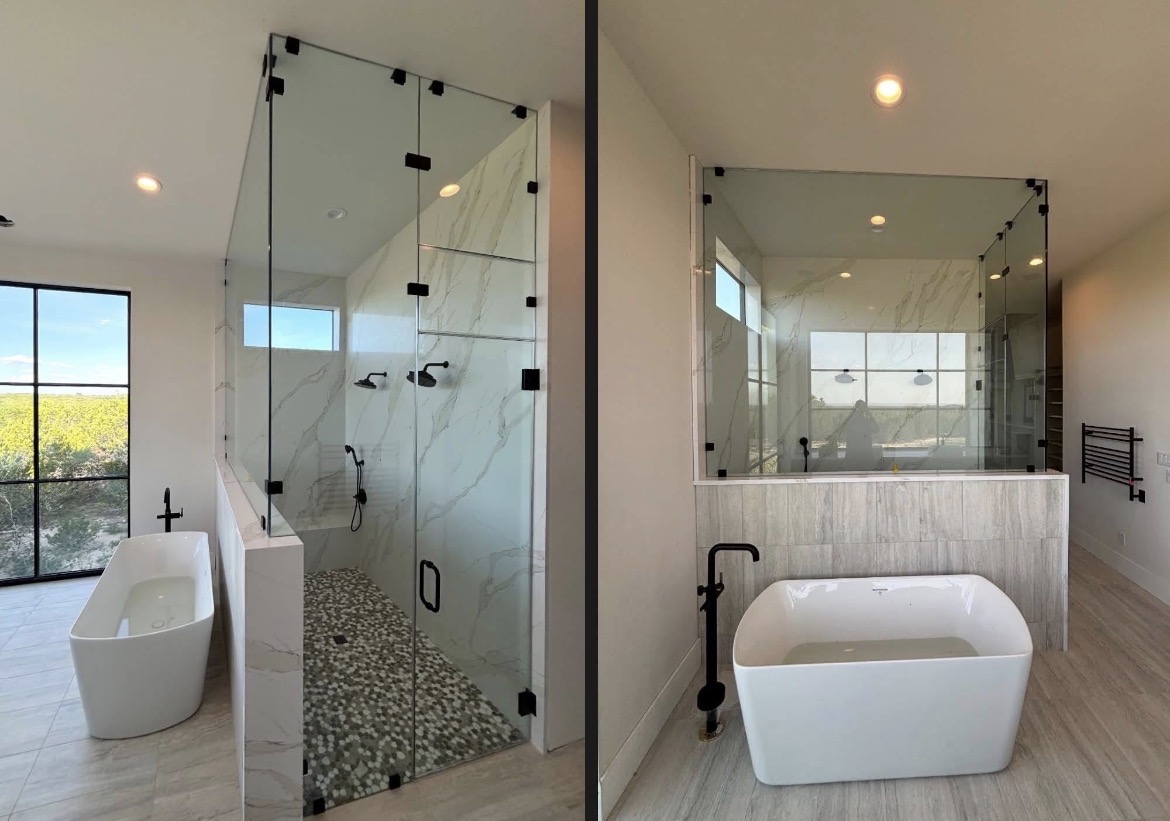 Frameless 90-degree shower enclosure mounted on a pony wall and extended to a high ceiling with matte black hardware in Dripping Springs, TX