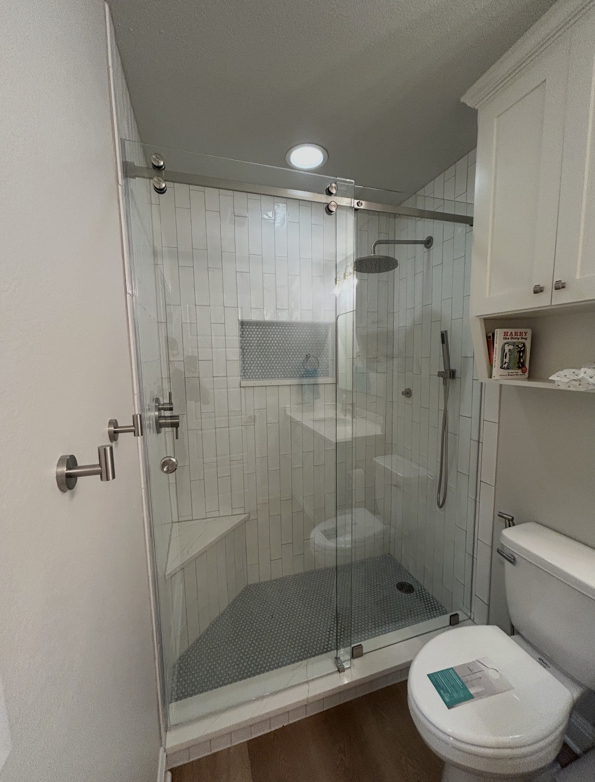Serenity sliding glass shower door with exposed top-roller hardware in Dripping Springs, TX