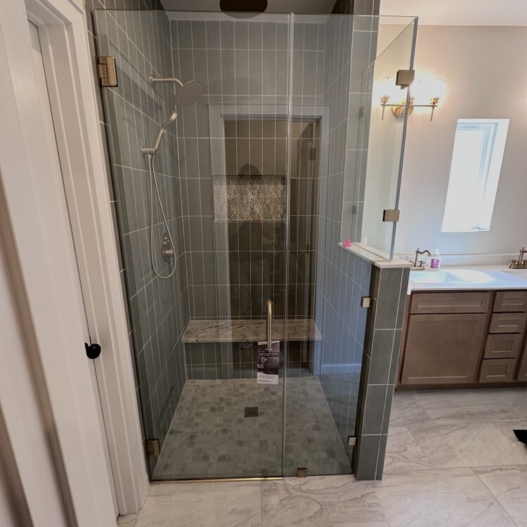 Frameless glass shower enclosure with a tiled bench and a recessed niche